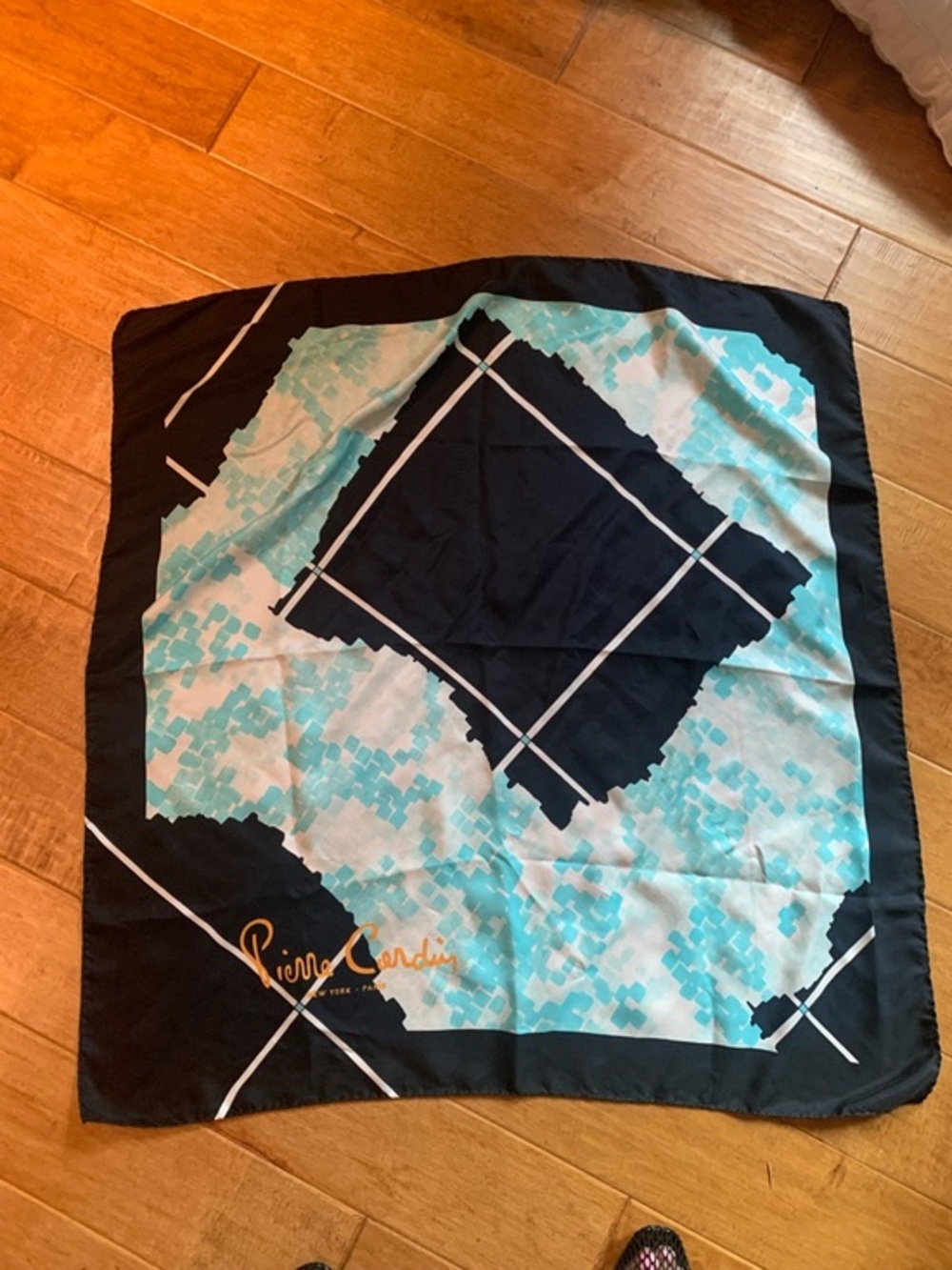 Pierre Cardin Silk Scarf in Geometric Pixel Print Black Aqua Blue White